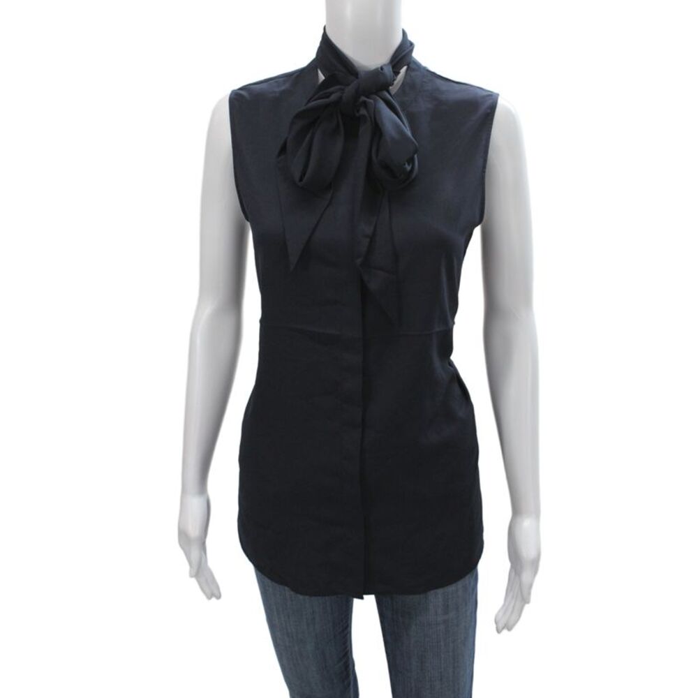 Tory Burch Womens Tunic Blouse Dark Blue Mock Neck Sleeveless Tie Size 6